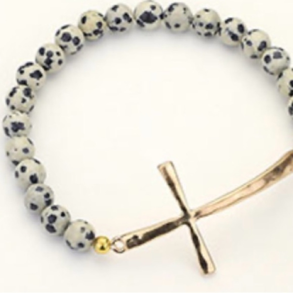 Dalmatian Jasper Beaded Bracelet with Gold Cross